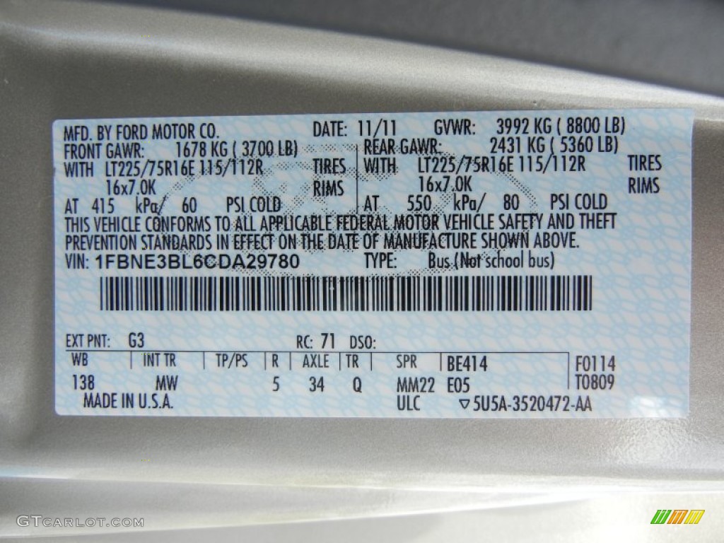 2012 E Series Van Color Code G3 for Pueblo Gold Metallic Photo #65281547