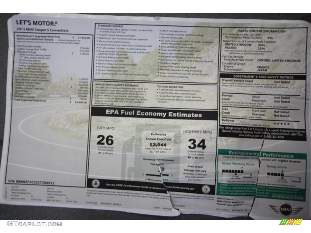 2012 Mini Cooper S Convertible Highgate Package Window Sticker Photo #65303771