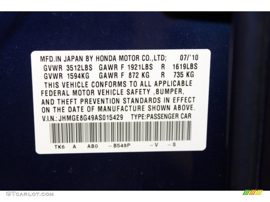 2010 Fit Color Code B548P for Blue Sensation Pearl Photo #65318288
