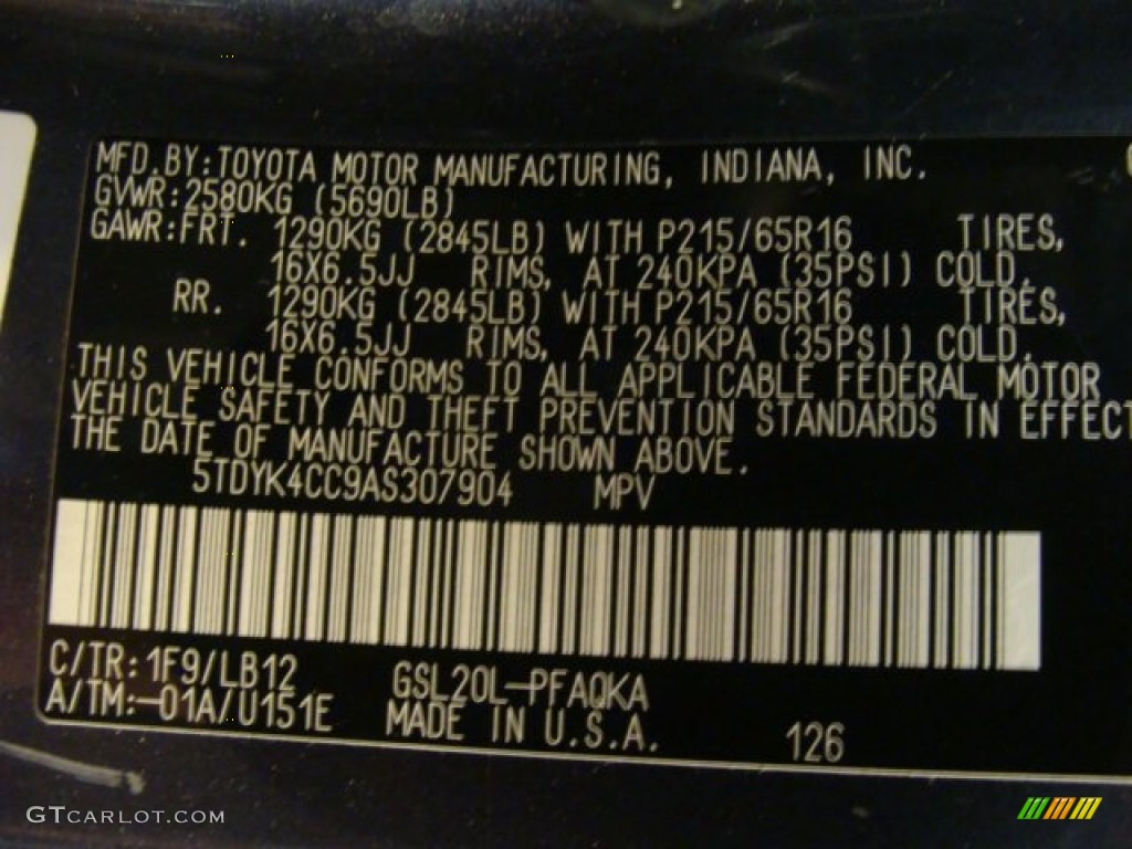 2010 Sienna Color Code 1F9 for Slate Metallic Photo #65328296