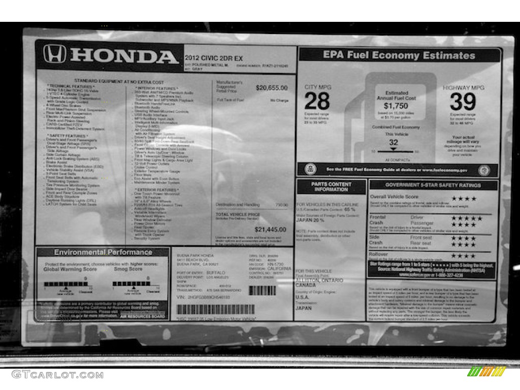 2012 Civic EX Coupe - Polished Metal Metallic / Gray photo #17
