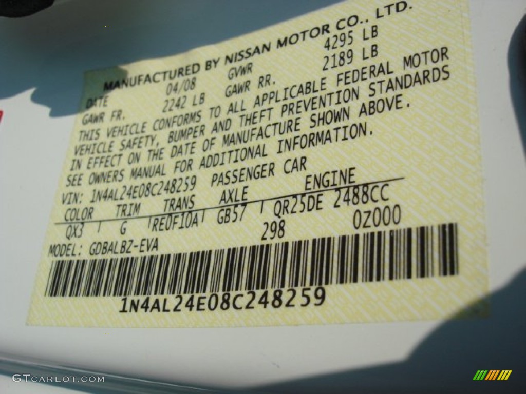 2008 Altima Color Code QX3 for Winter Frost Pearl Photo #65384487