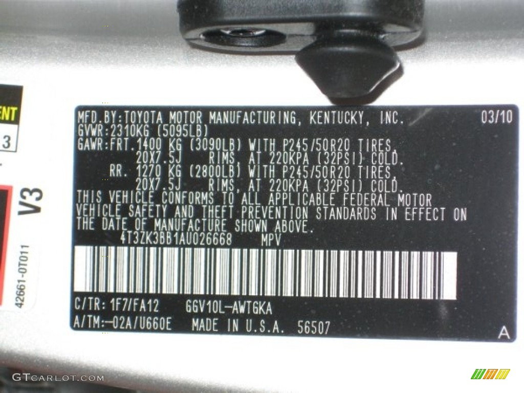 2010 Venza Color Code 1F7 for Classic Silver Metallic Photo #65395292