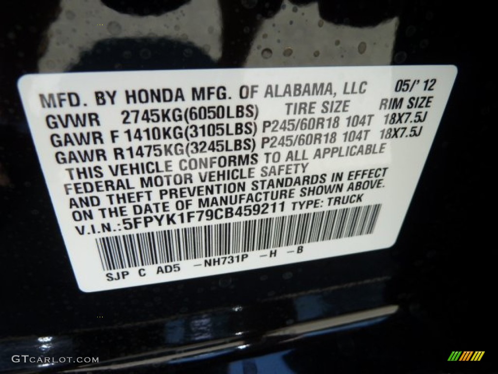 2012 Ridgeline Color Code NH731P for Crystal Black Pearl Photo #65399523