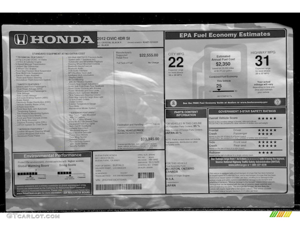 2012 Honda Civic Si Sedan Window Sticker Photo #65409575