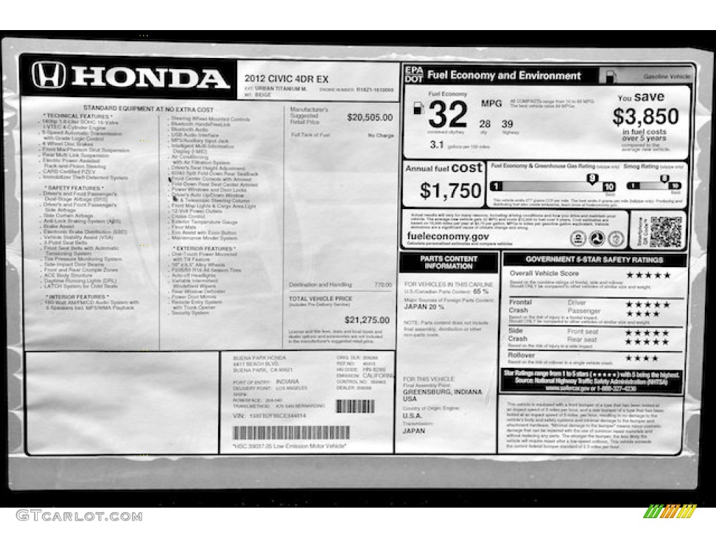 2012 Civic EX Sedan - Urban Titanium Metallic / Beige photo #18