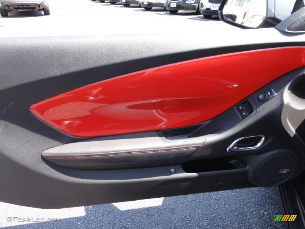 2010 Chevrolet Camaro SS/RS Coupe Black/Inferno Orange Door Panel Photo #65430192