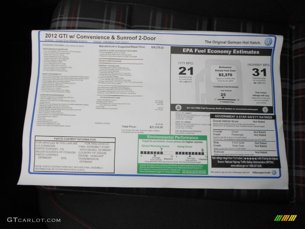 2012 Volkswagen GTI 2 Door Window Sticker Photo #65462287