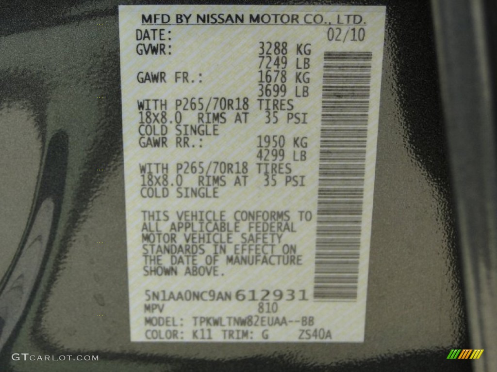 2010 Nissan Armada SE 4WD Color Code Photos