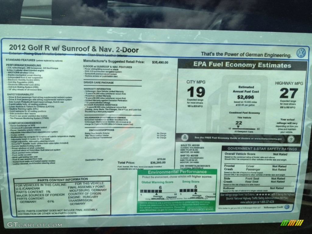 2012 Volkswagen Golf R 2 Door 4Motion Window Sticker Photo #65499479
