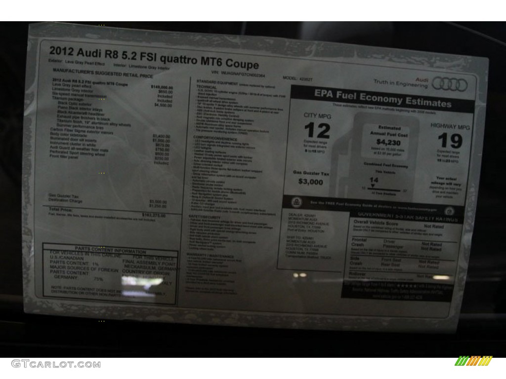2012 Audi R8 5.2 FSI quattro Window Sticker Photo #65501657