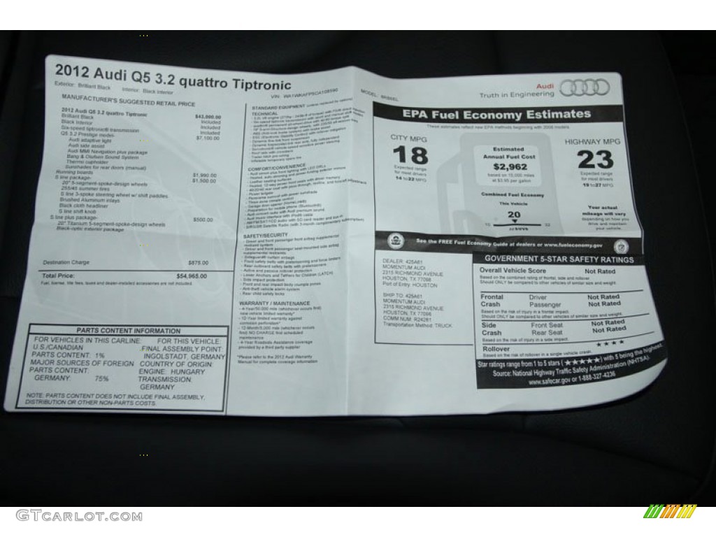 2012 Audi Q5 3.2 FSI quattro Window Sticker Photo #65501939