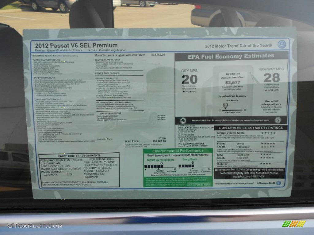 2012 Volkswagen Passat V6 SEL Window Sticker Photo #65510141