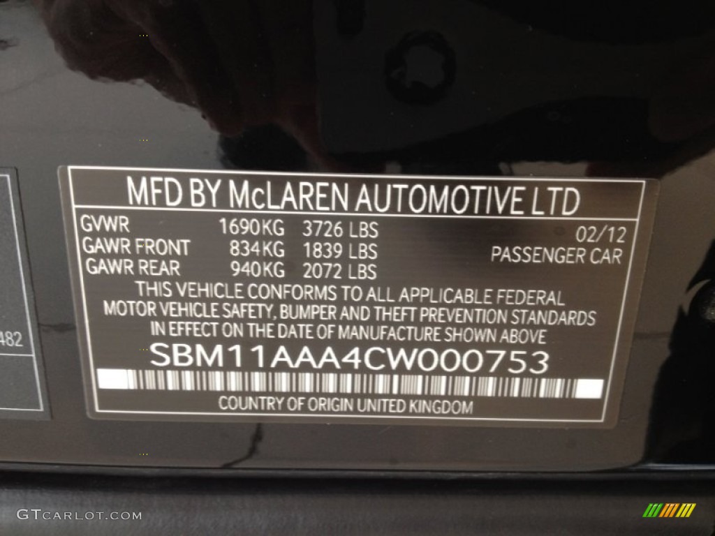 2012 McLaren MP4-12C Standard MP4-12C Model Info Tag Photo #65512037