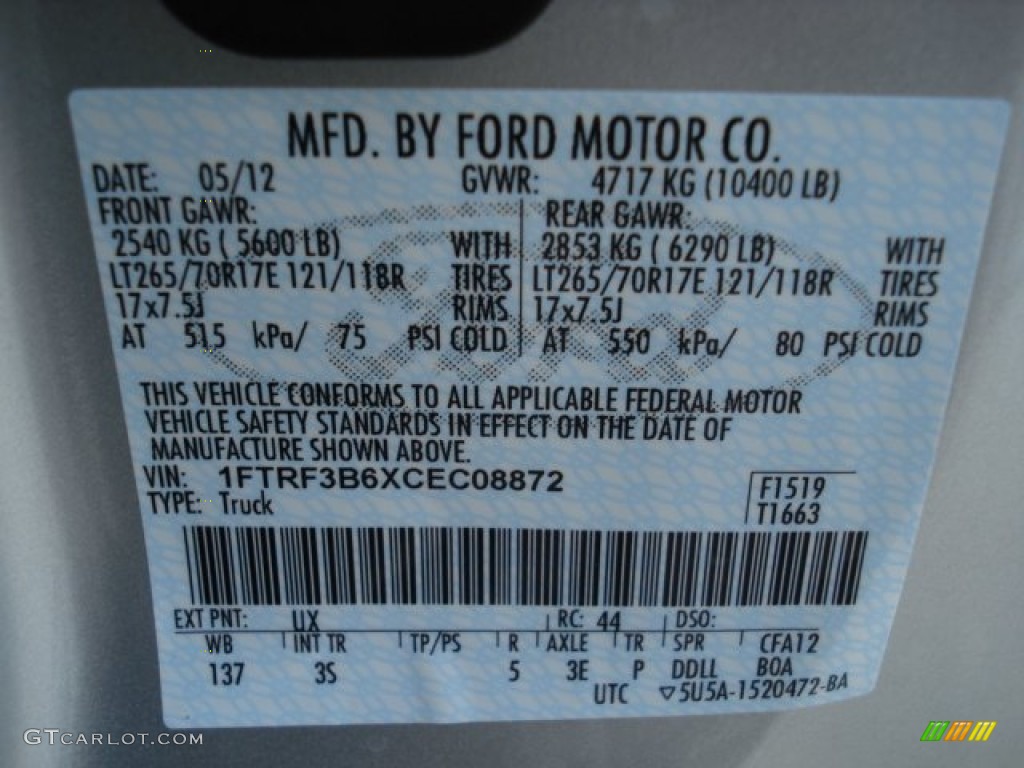 2012 Ford F350 Super Duty XLT Regular Cab 4x4 Color Code Photos