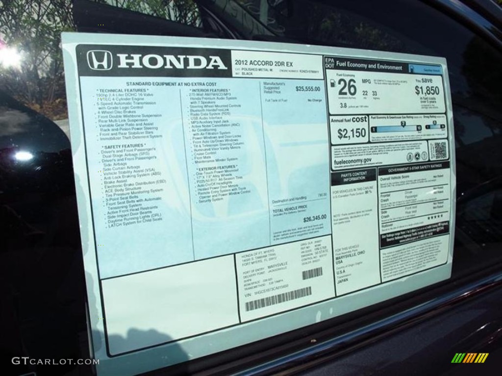 2012 Honda Accord EX Coupe Window Sticker Photo #65528459