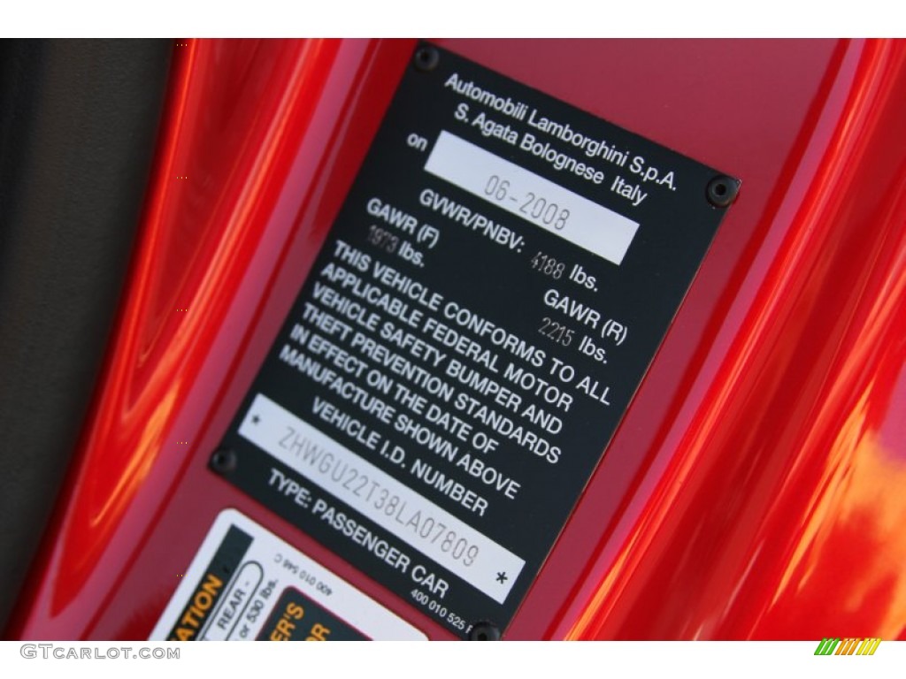 2008 Lamborghini Gallardo Spyder Info Tag Photo #65539680