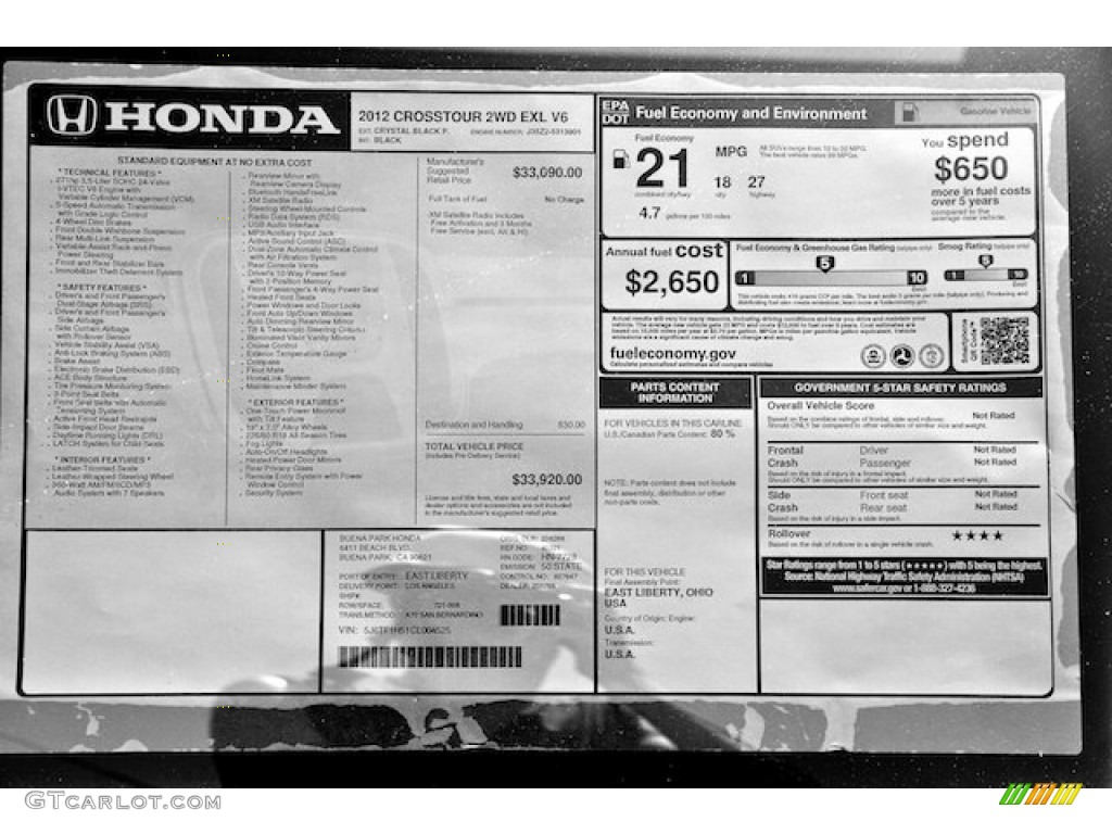 2012 Honda Accord Crosstour EX-L Window Sticker Photo #65546352