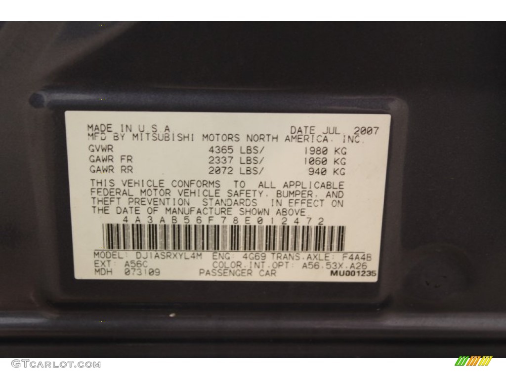 2008 Galant Color Code A56 for Still Blue Pearl Photo #65554694