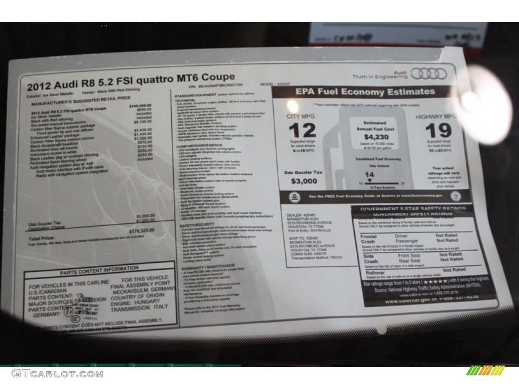 2012 Audi R8 5.2 FSI quattro Window Sticker Photo #65565734