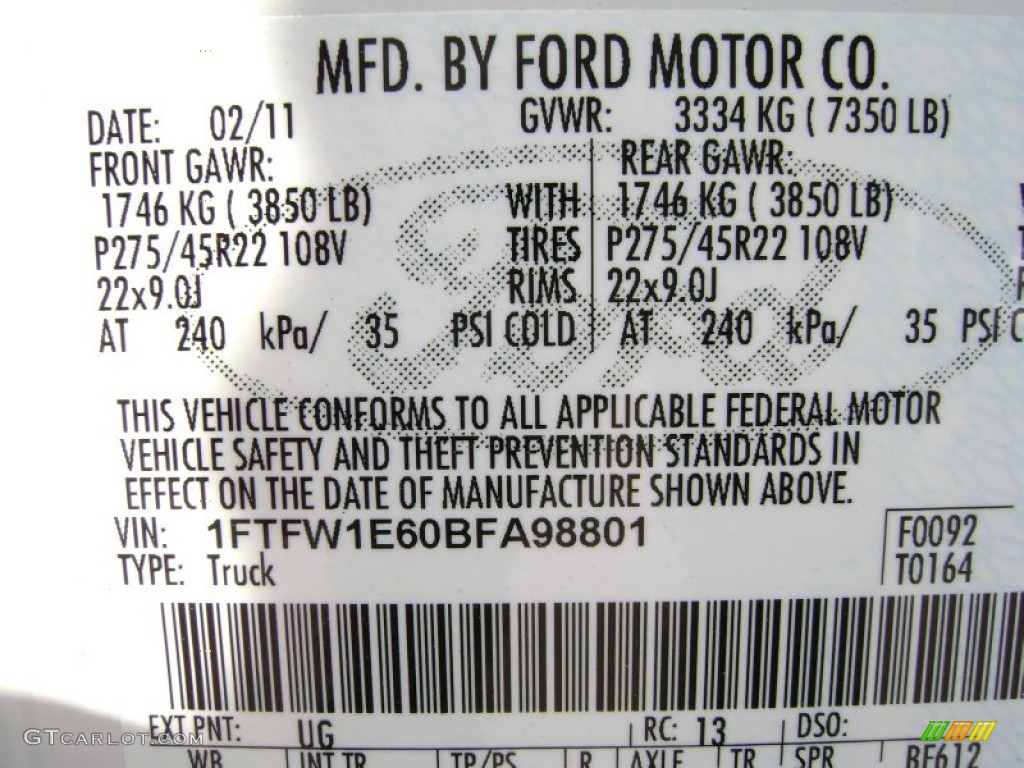 2011 F150 Color Code UG for White Platinum Metallic Tri-Coat Photo #65572206