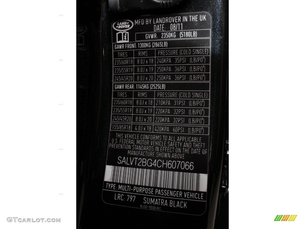 2012 Range Rover Evoque Color Code 797 for Sumatra Black Metallic Photo #65579948