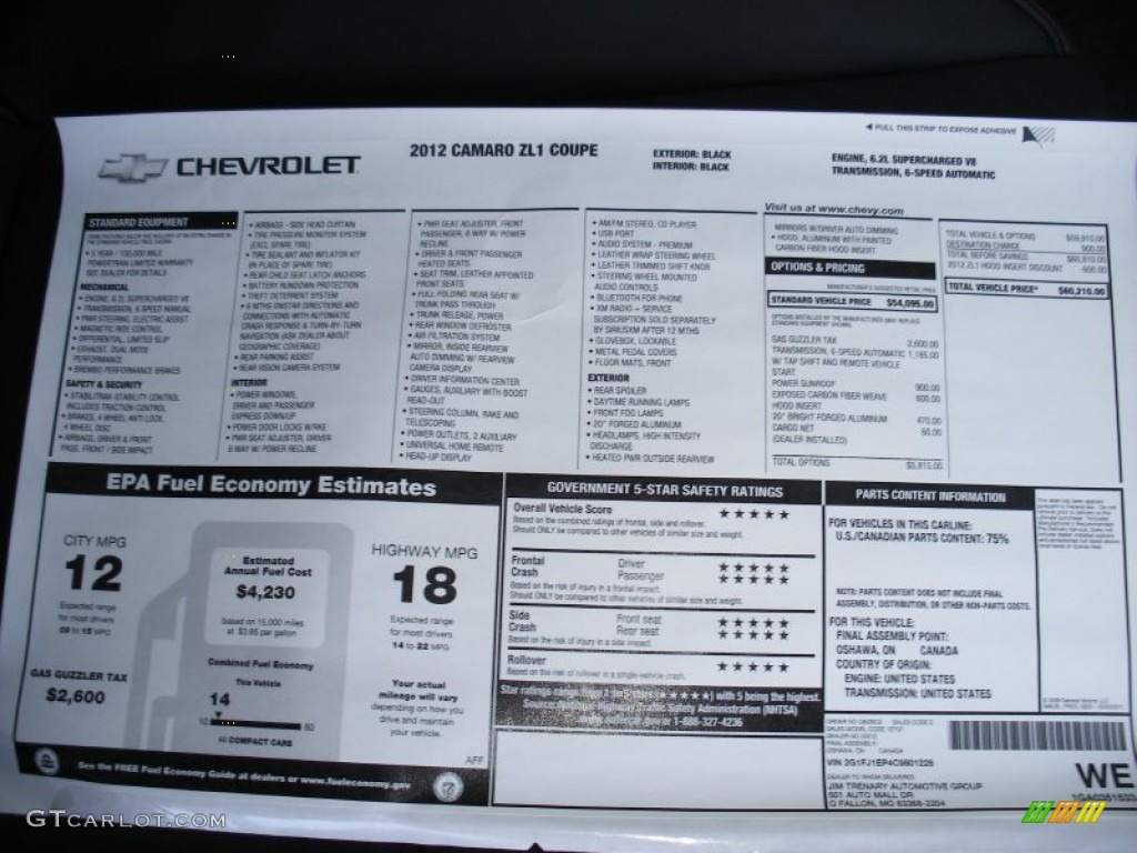 2012 Chevrolet Camaro ZL1 Window Sticker Photo #65589803