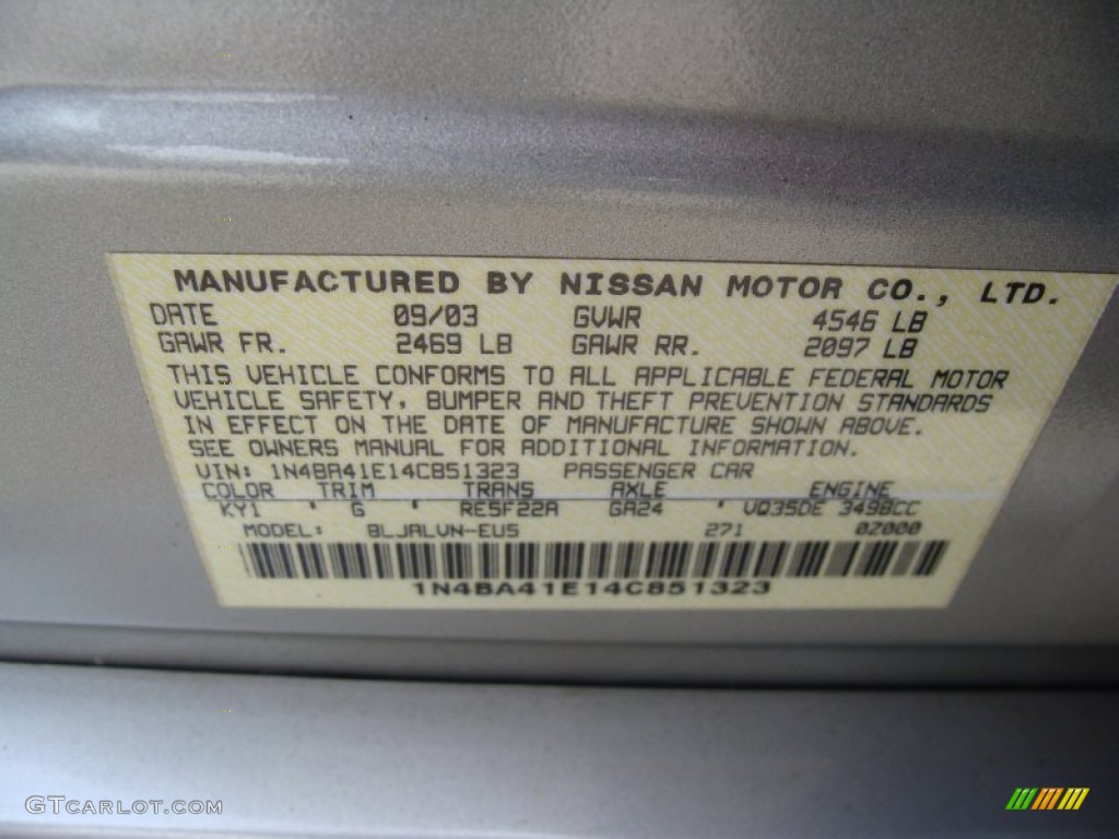 2004 Nissan Maxima 3.5 SE Color Code Photos