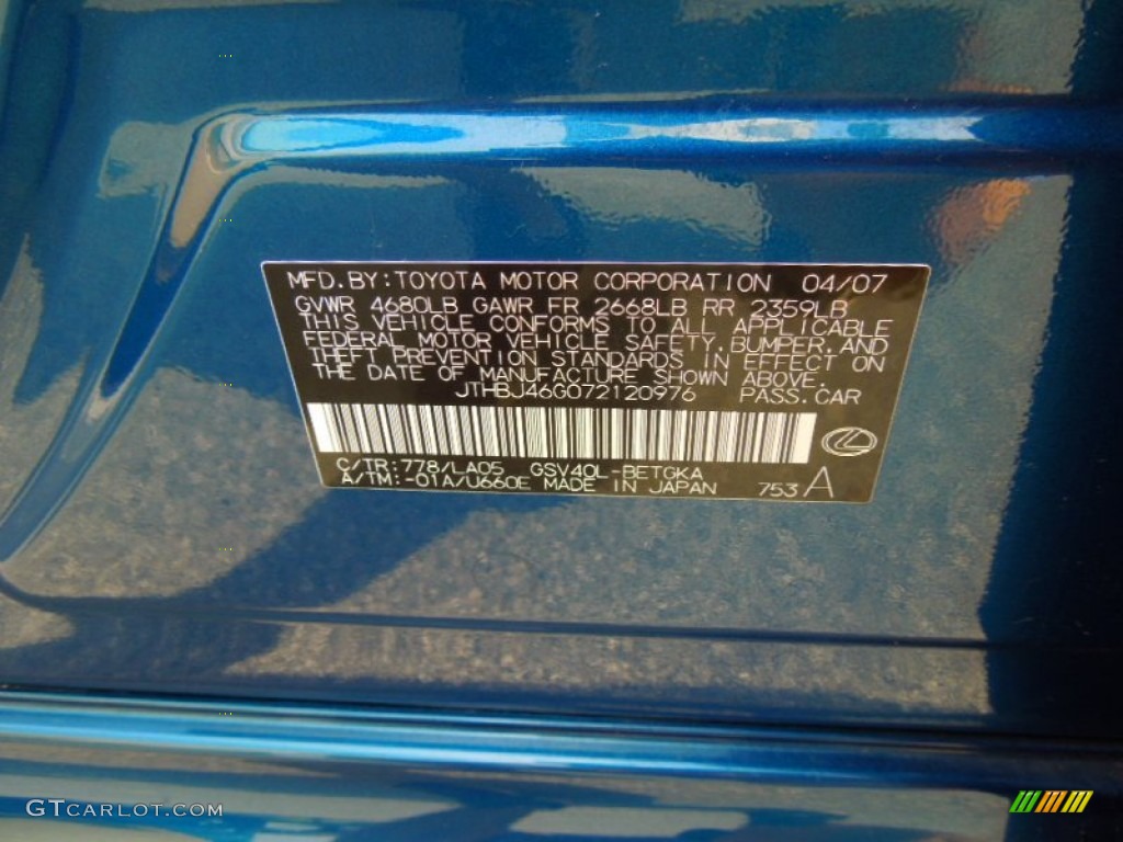 2007 ES Color Code 778 for Aquamarine Blue Photo #65604644