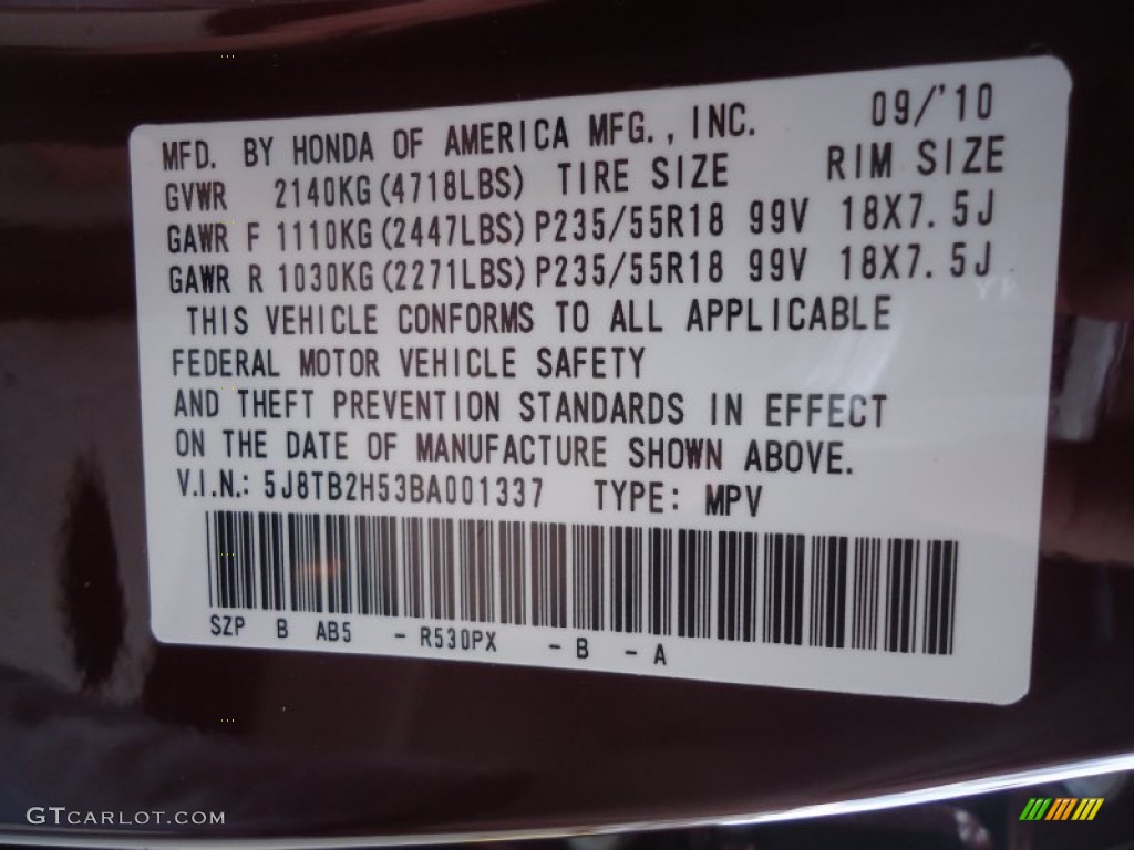 2011 RDX Color Code R530PX for Basque Red Pearl Photo #65618265