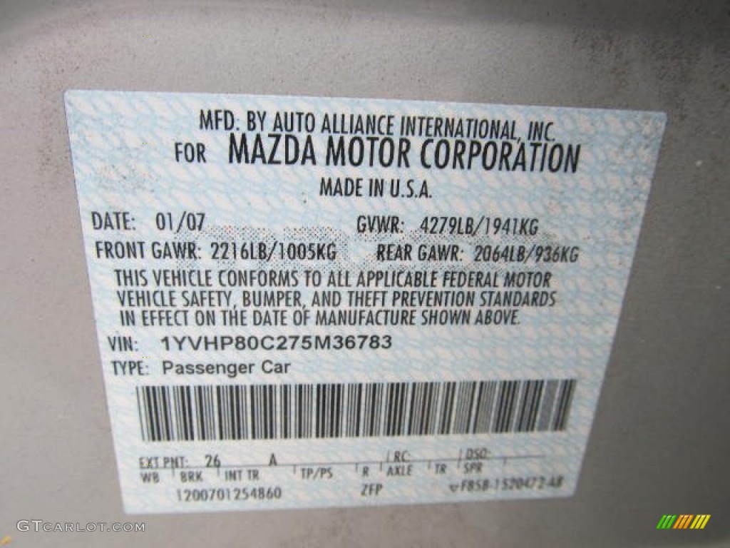 2007 MAZDA6 Color Code 26A for Glacier Silver Metallic Photo #65623914