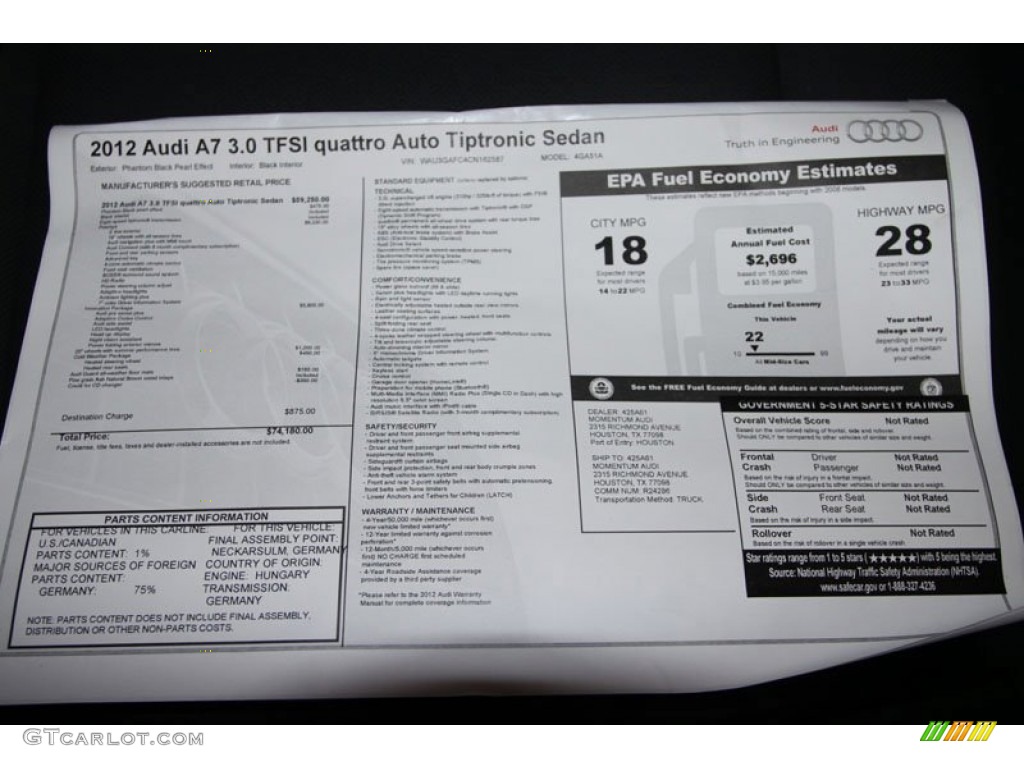 2012 Audi A7 3.0T quattro Prestige Window Sticker Photo #65624577