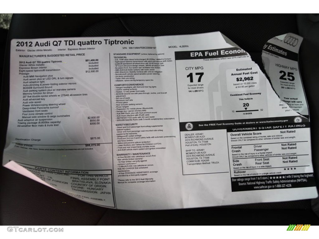 2012 Audi Q7 3.0 TDI quattro Window Sticker Photo #65625343