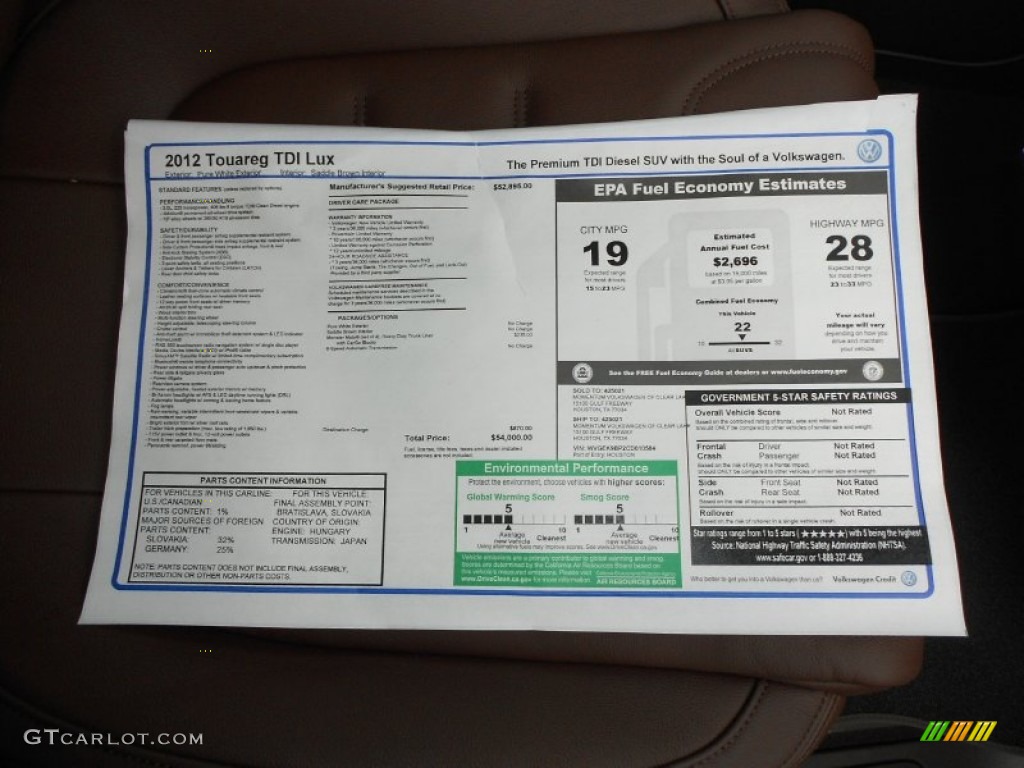 2012 Touareg TDI Lux 4XMotion - Campanella White / Saddle Brown photo #14
