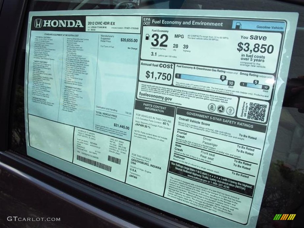2012 Honda Civic EX Sedan Window Sticker Photo #65641495