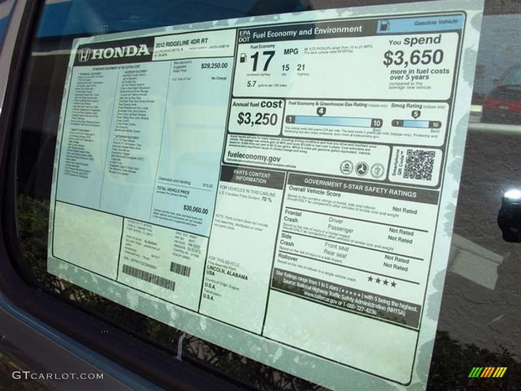 2012 Honda Ridgeline RT Window Sticker Photo #65641798