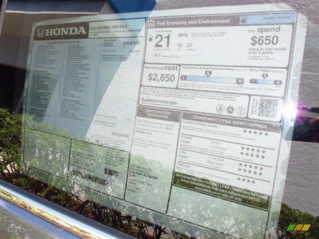 2012 Honda Odyssey EX-L Window Sticker Photo #65643205