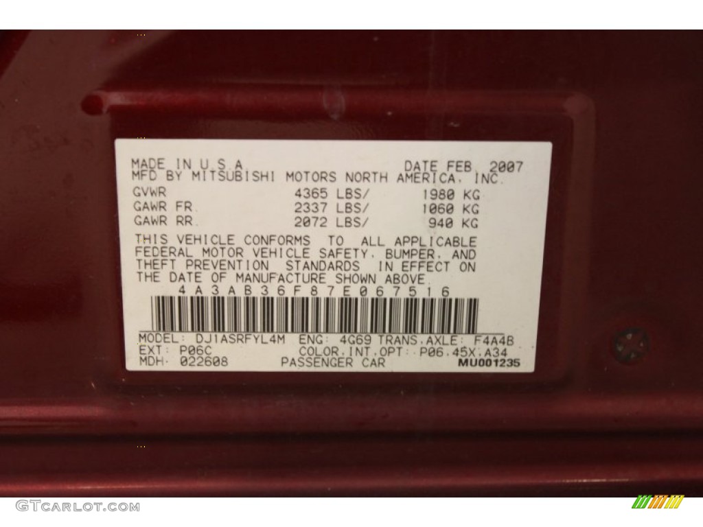 2007 Galant Color Code P06C for Ultra Red Pearl Photo #65668528