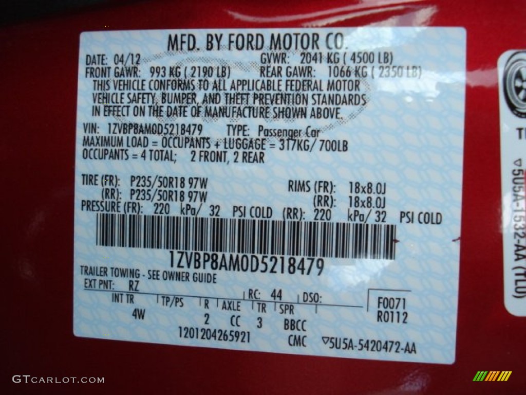 2013 Mustang Color Code RZ for Red Candy Metallic Photo #65677036