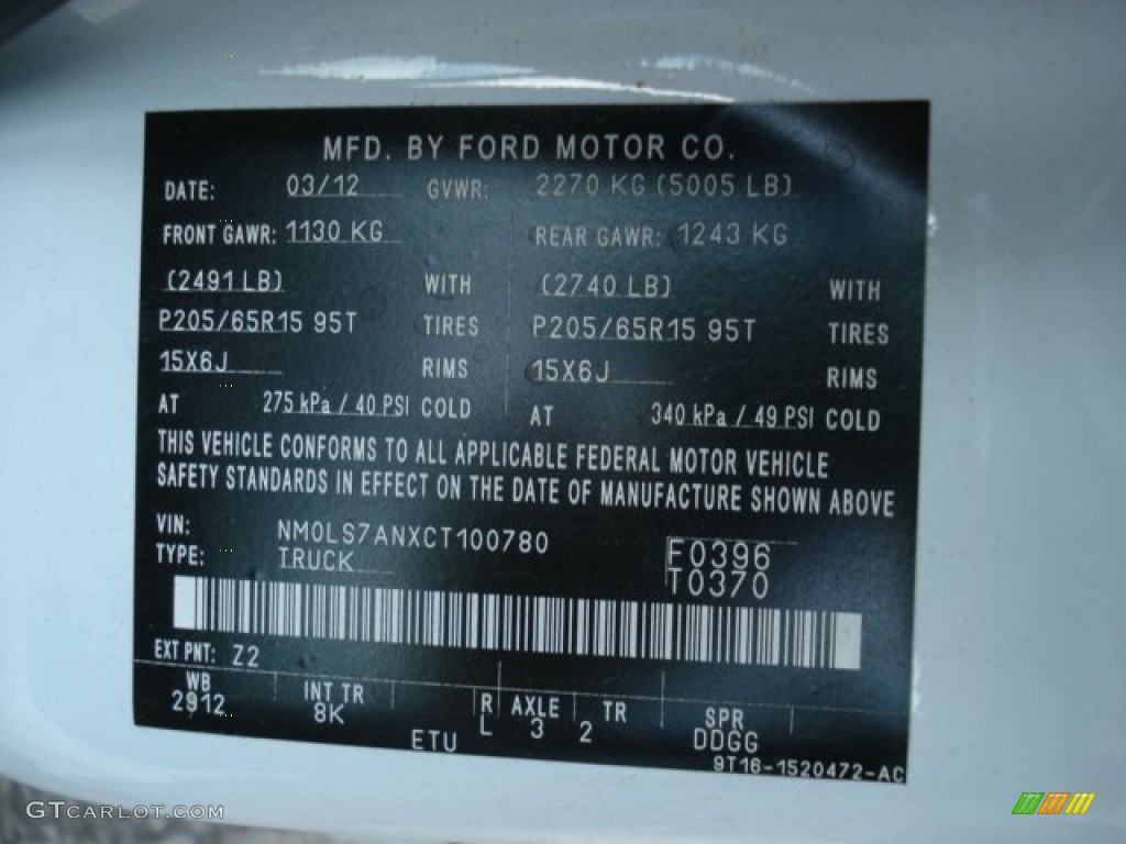 2012 Transit Connect Color Code Z2 for Frozen White Photo #65677216