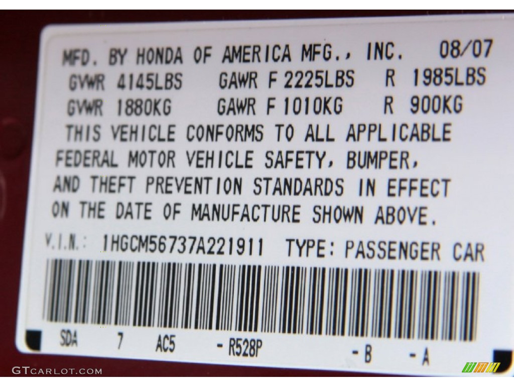 2007 Accord Color Code R528P for Moroccan Red Pearl Photo #65686902