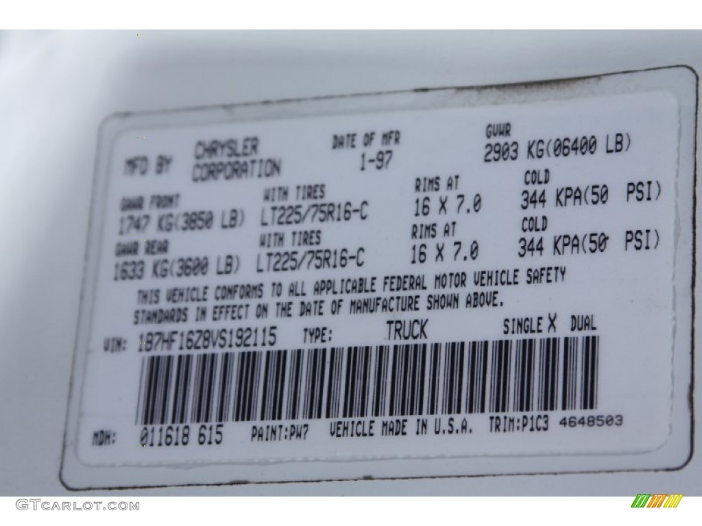 1997 Ram 1500 Color Code PW7 for Bright White Photo #65696327
