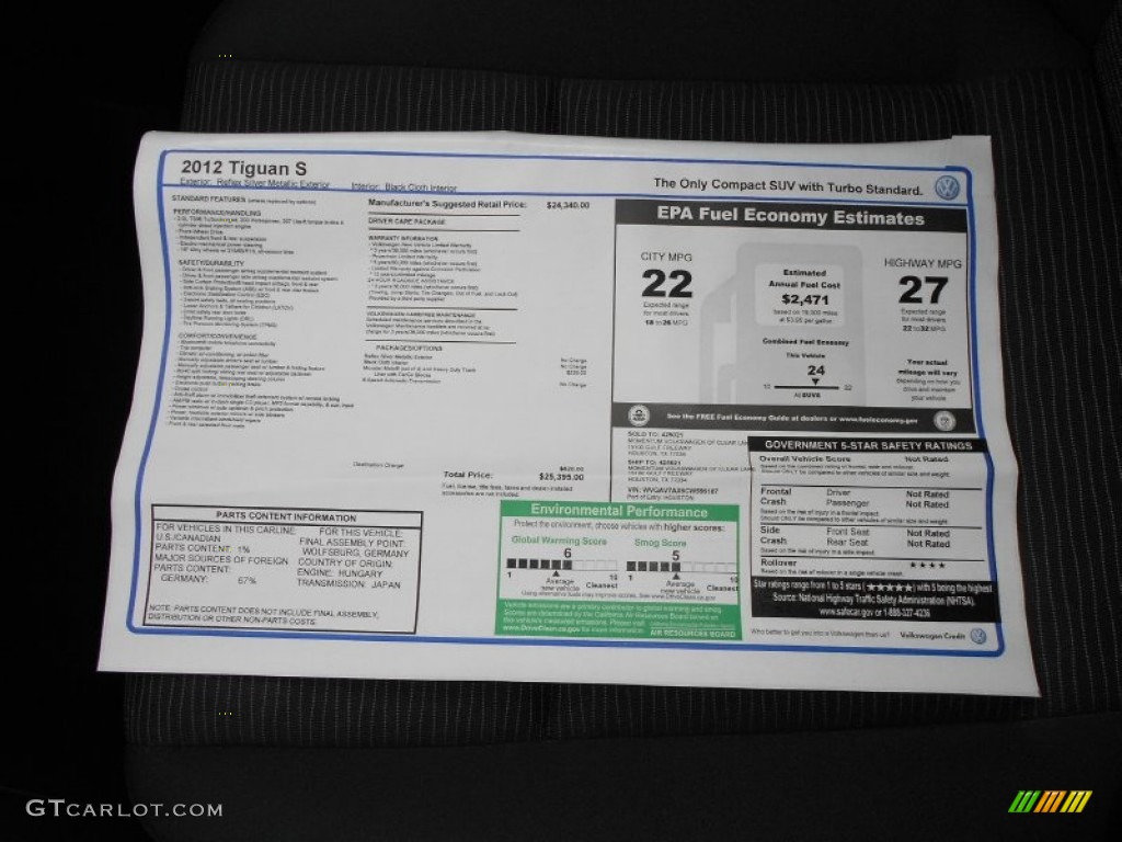 2012 Volkswagen Tiguan S Window Sticker Photo #65706446