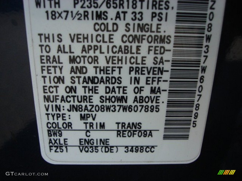 2007 Murano Color Code BW9 for Midnight Blue Pearl Photo #65708360