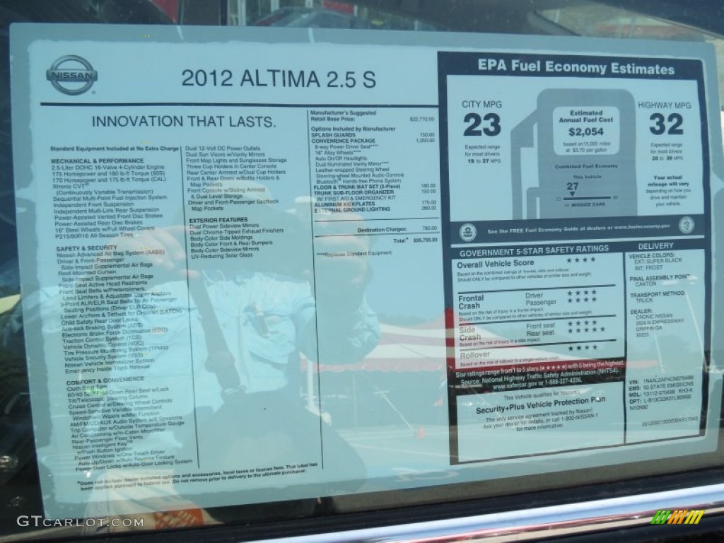 2012 Nissan Altima 2.5 S Window Sticker Photo #65712179