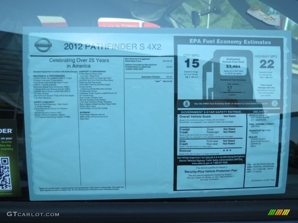 2012 Nissan Pathfinder S Window Sticker Photos