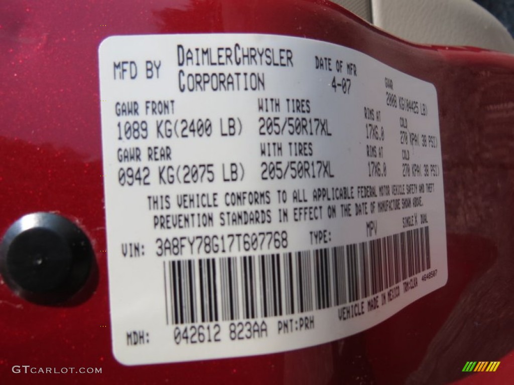 2007 PT Cruiser Color Code PRH for Inferno Red Crystal Pearl Photo #65713038