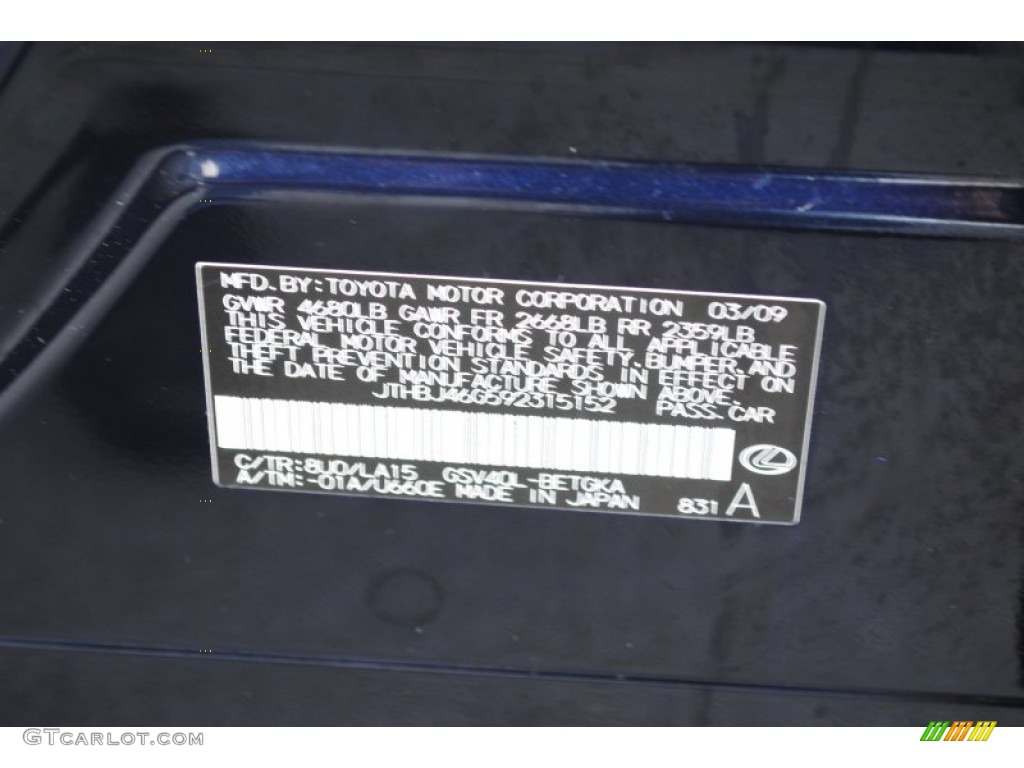 2009 ES Color Code 8U0 for Black Sapphire Pearl Photo #65714030