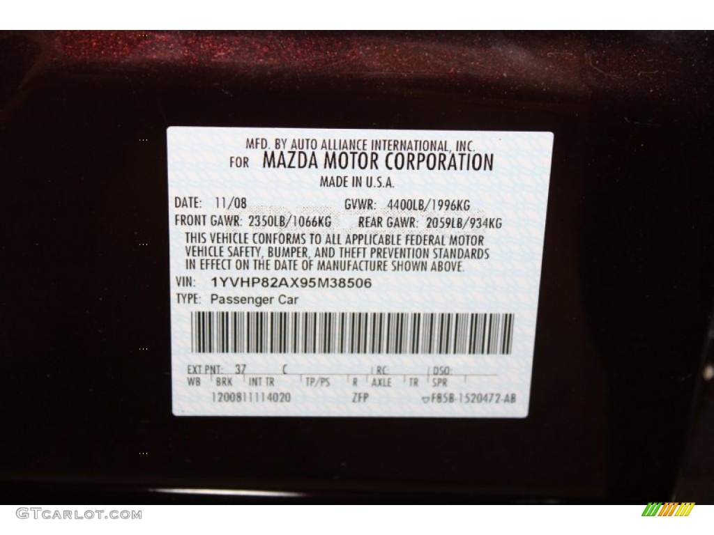 2009 MAZDA6 Color Code 37 for Black Cherry Metallic Photo #65718785
