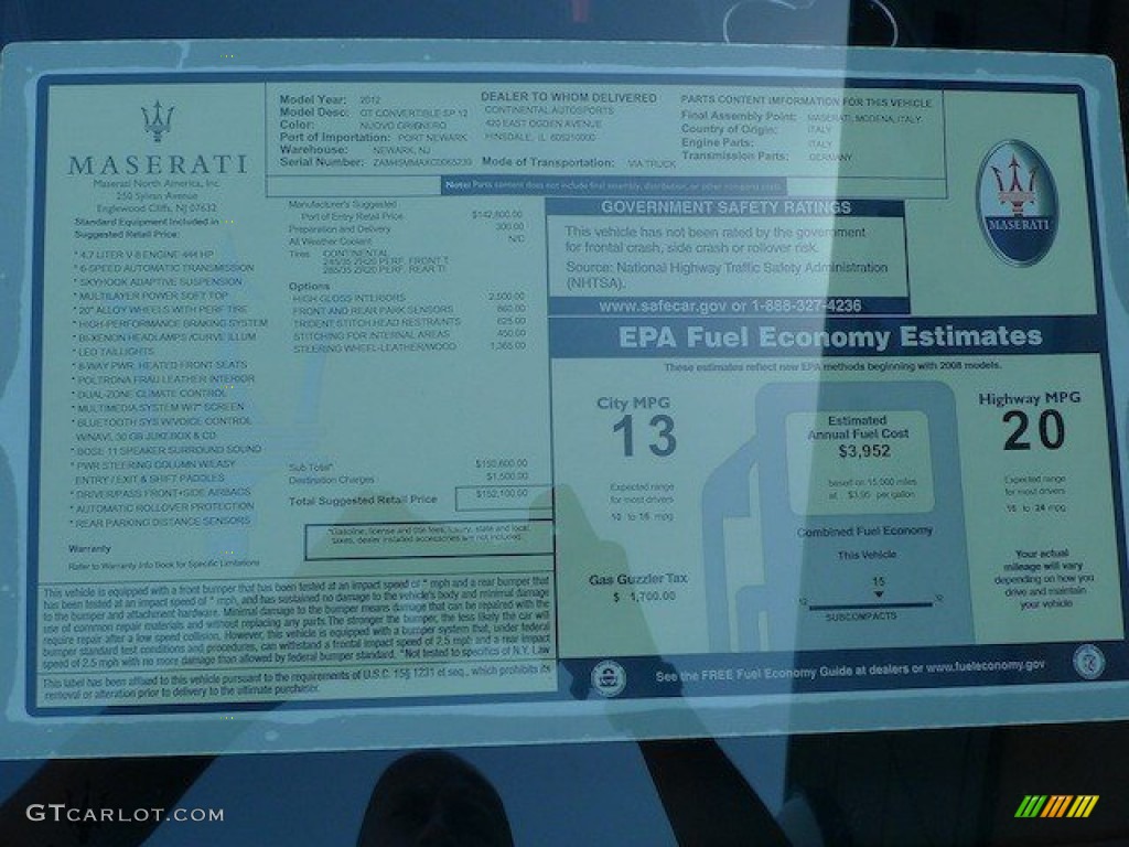 2012 Maserati GranTurismo Convertible GranCabrio Sport Window Sticker Photo #65734178